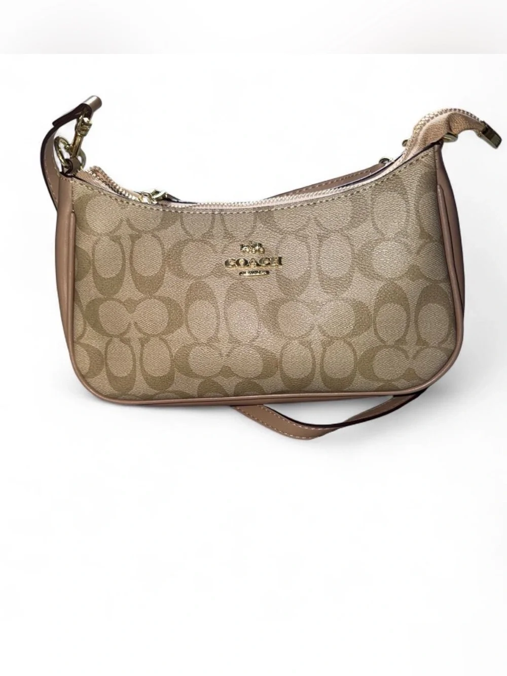 Coach Tan Logo-Print Shoulder Bag with Gold Hardware